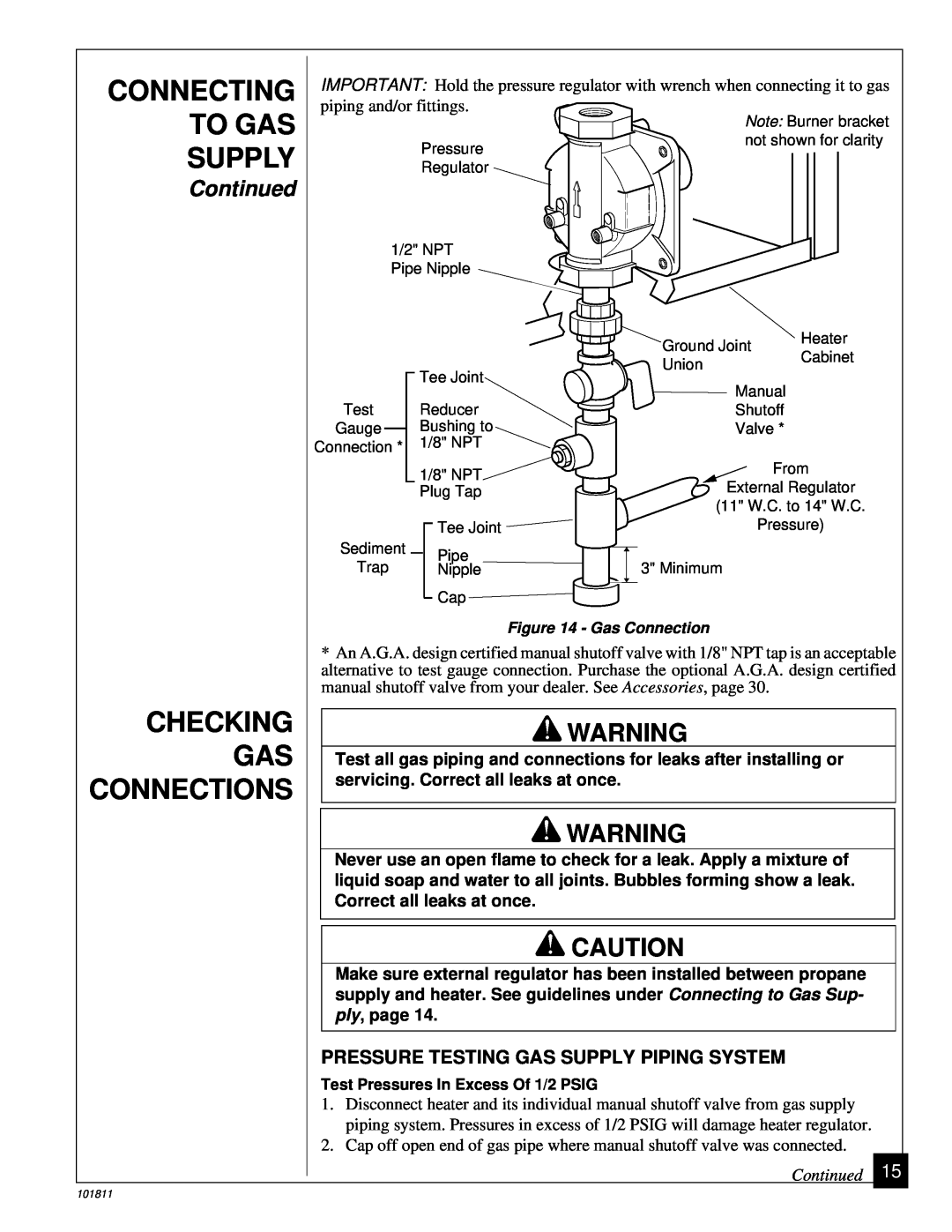 Desa 101811-01C.pdf installation manual Checking Gas Connections, Connecting To Gas Supply, Continued 