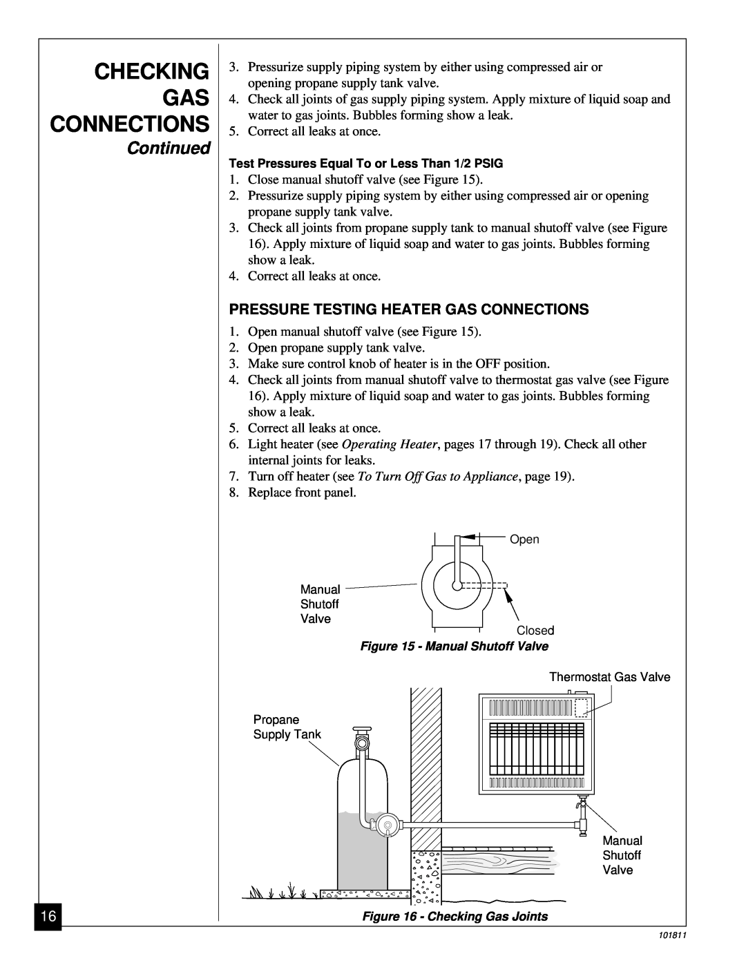 Desa 101811-01C.pdf installation manual Checking Gas Connections, Continued, Pressure Testing Heater Gas Connections 