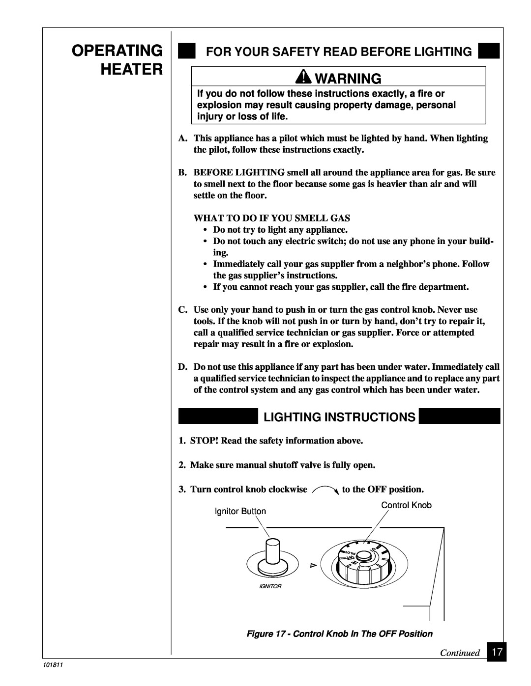 Desa 101811-01C.pdf installation manual Operating Heater, For Your Safety Read Before Lighting, Lighting Instructions 
