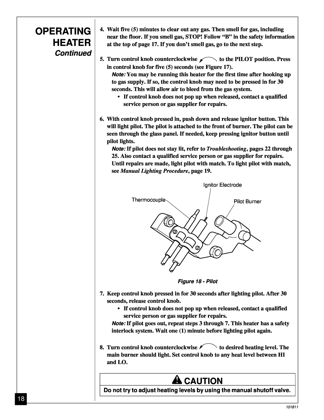 Desa 101811-01C.pdf installation manual Operating Heater, Continued, Pilot 