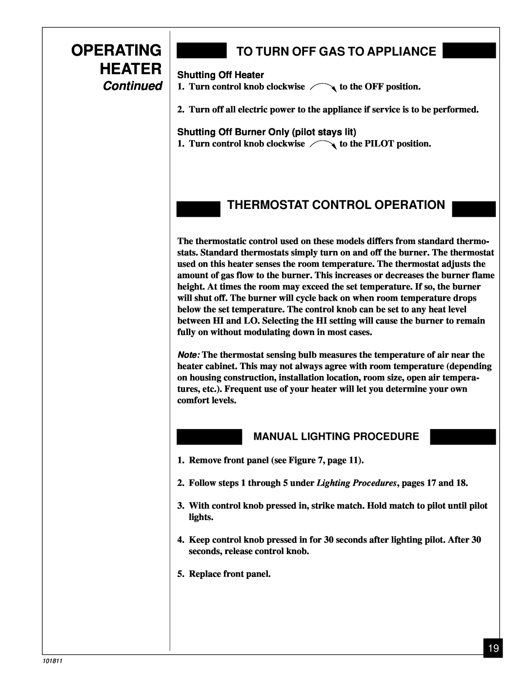 Desa 101811-01C.pdf To Turn Off Gas To Appliance, Thermostat Control Operation, Operating Heater, Continued 