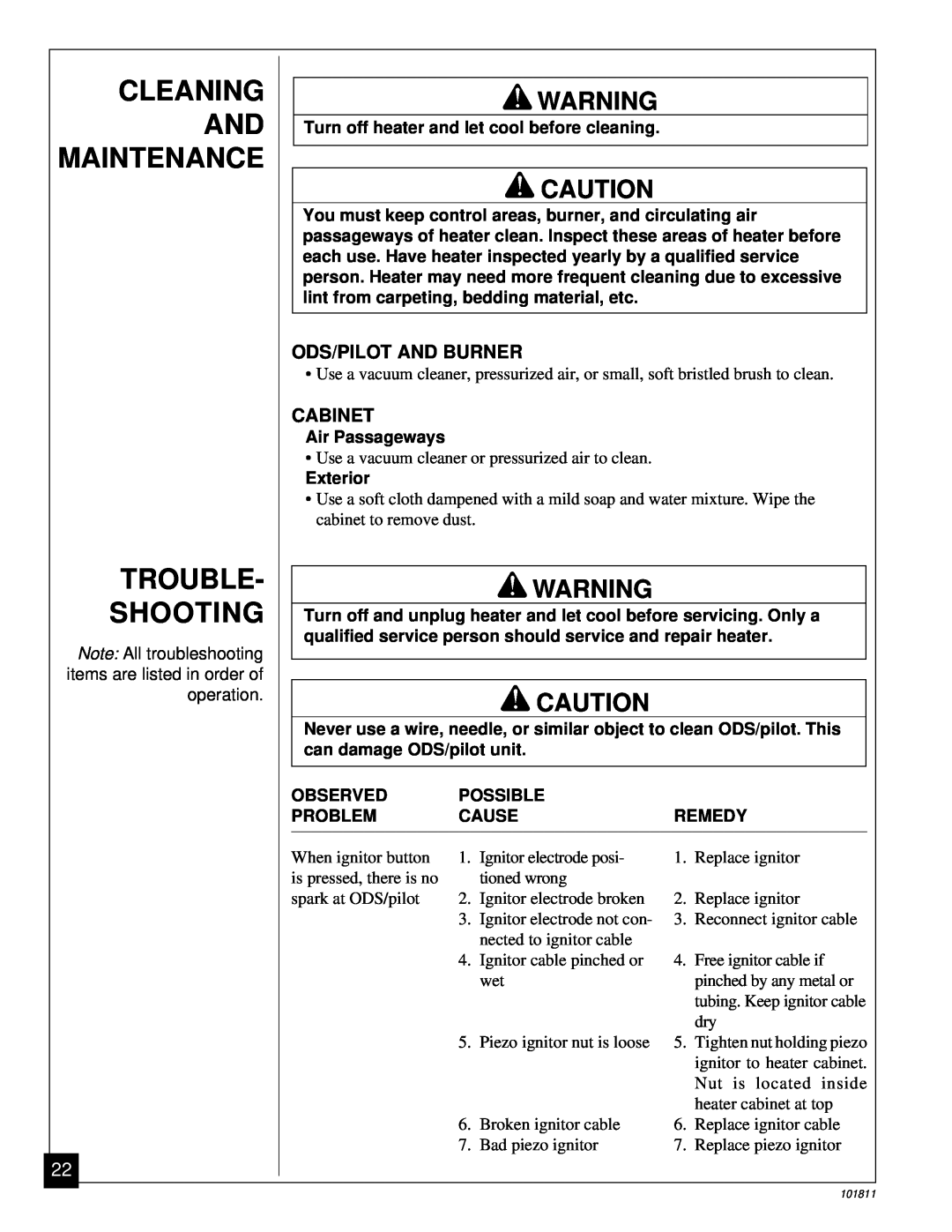 Desa 101811-01C.pdf installation manual Cleaning And Maintenance Trouble Shooting, Ods/Pilot And Burner, Cabinet 