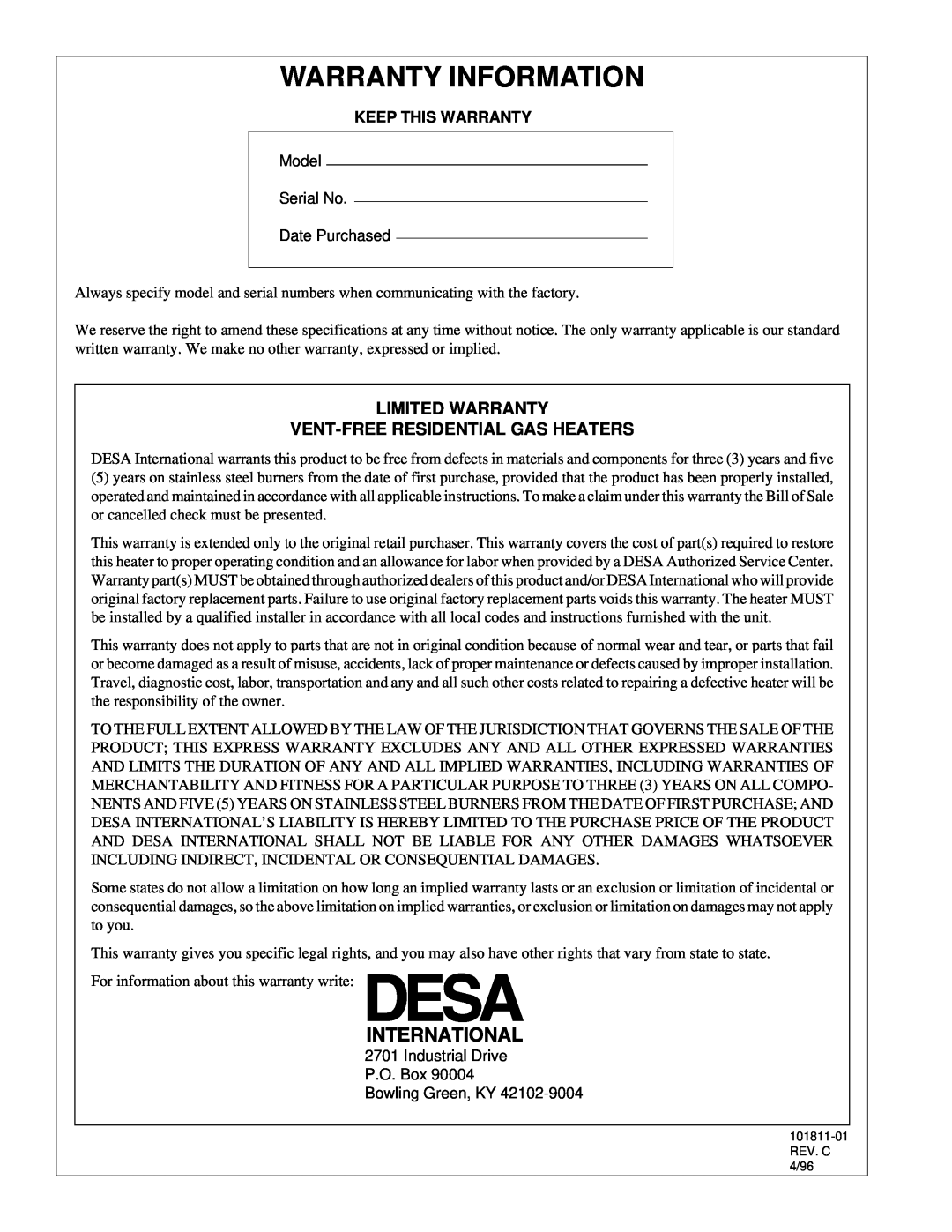 Desa 101811-01C.pdf installation manual Warranty Information, Limited Warranty Vent-Freeresidential Gas Heaters 