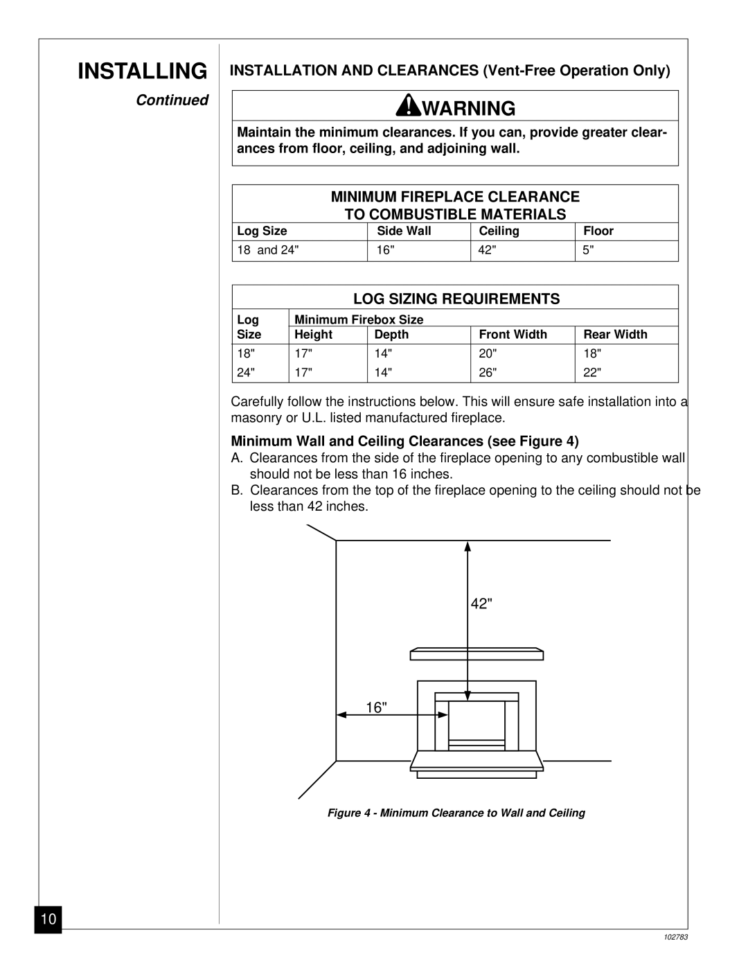 Desa 102783-01B installation manual Minimum Fireplace Clearance To Combustible Materials, LOG Sizing Requirements 