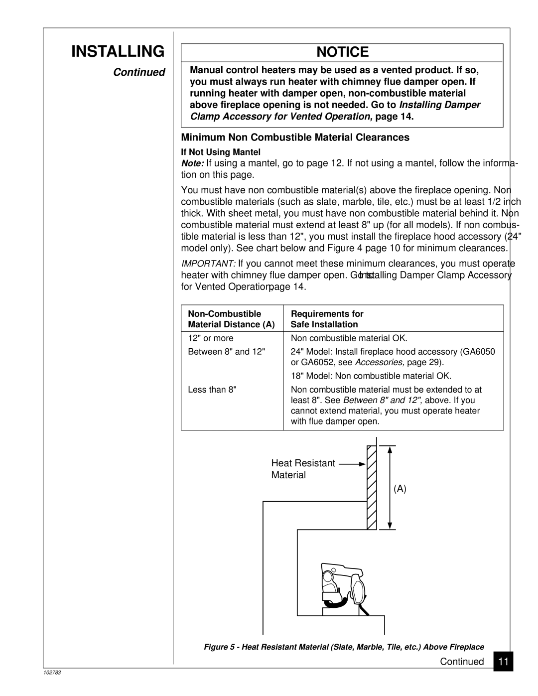 Desa 102783-01B installation manual Minimum Non Combustible Material Clearances 