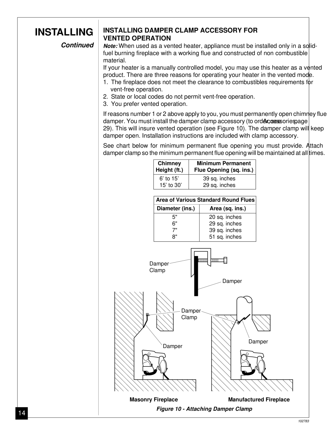 Desa 102783-01B installation manual Installing Damper Clamp Accessory for Vented Operation, Attaching Damper Clamp 