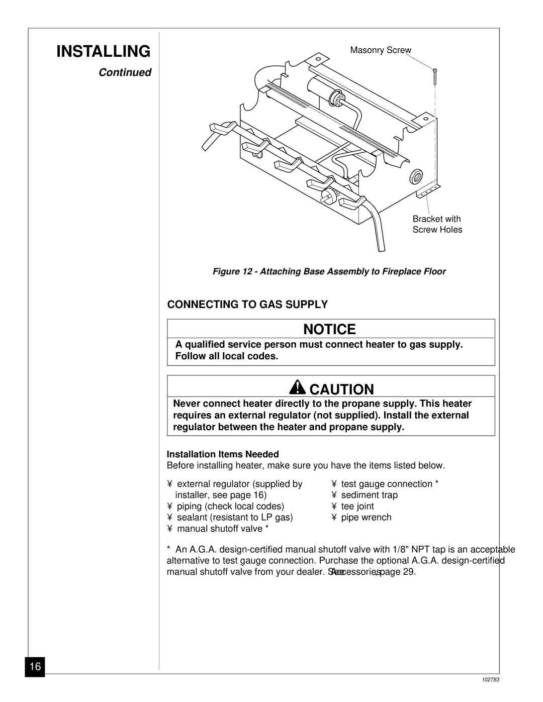 Desa 102783-01B installation manual Connecting to GAS Supply, Installation Items Needed 