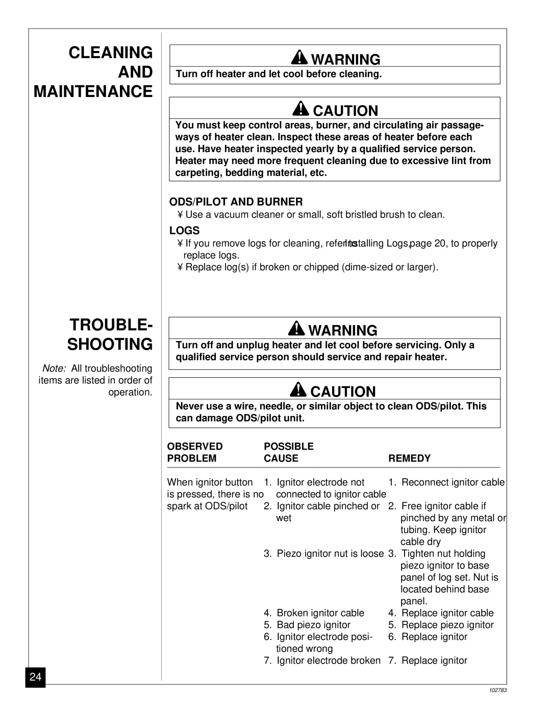 Desa 102783-01B installation manual Cleaning and Maintenance Trouble Shooting, ODS/PILOT and Burner, Logs 