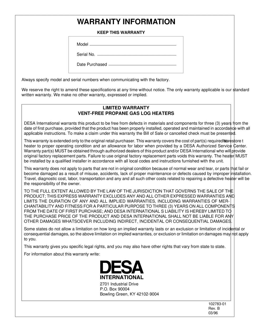 Desa 102783-01B installation manual Warranty Information, Keep this Warranty 