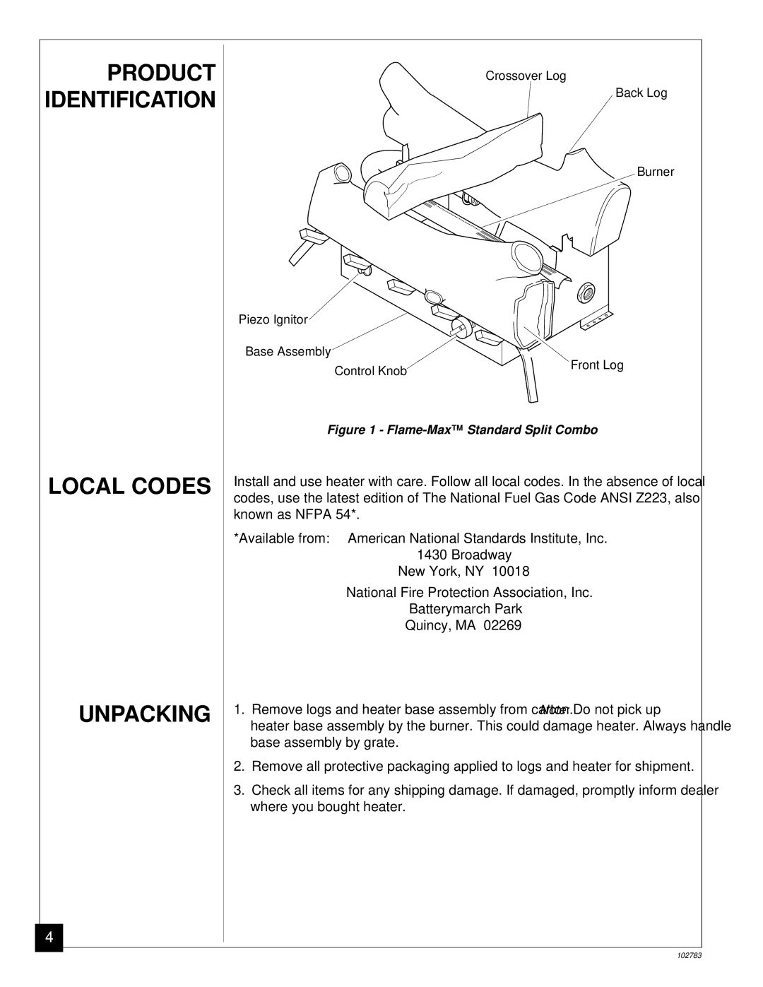 Desa 102783-01B installation manual Local Codes Unpacking, Flame-MaxStandard Split Combo 