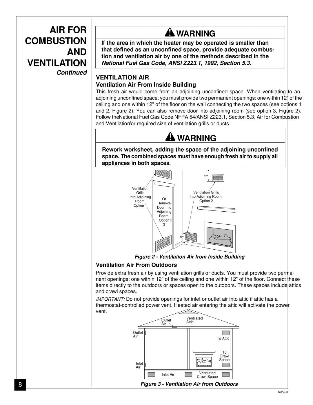 Desa 102783-01B installation manual Ventilation AIR, Ventilation Air From Inside Building, Ventilation Air From Outdoors 