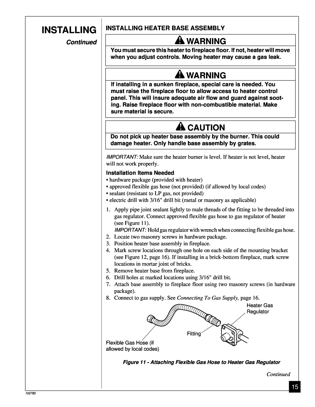 Desa 102783-01B installation manual Installing Heater Base Assembly, Continued 