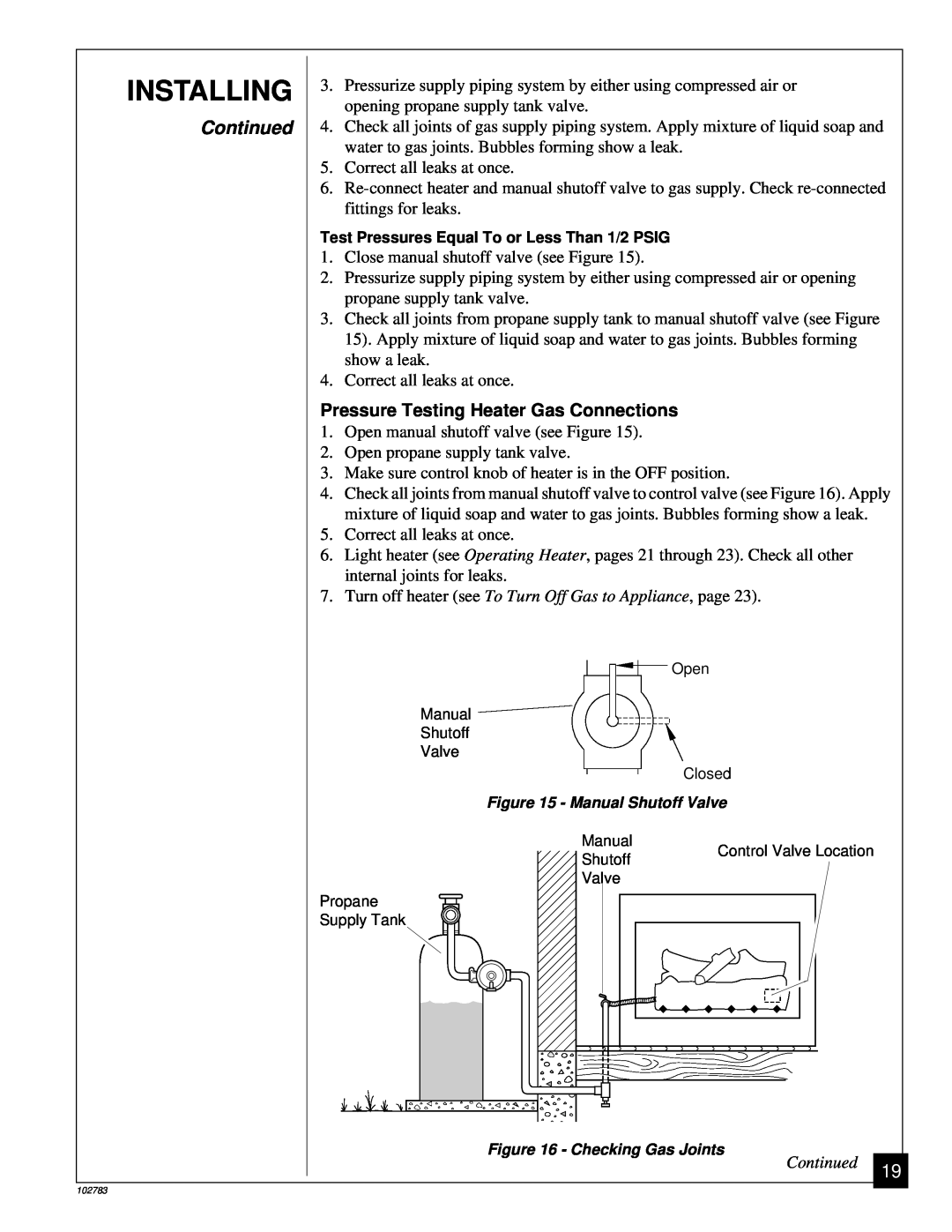 Desa 102783-01B installation manual Installing, Continued, Pressure Testing Heater Gas Connections 