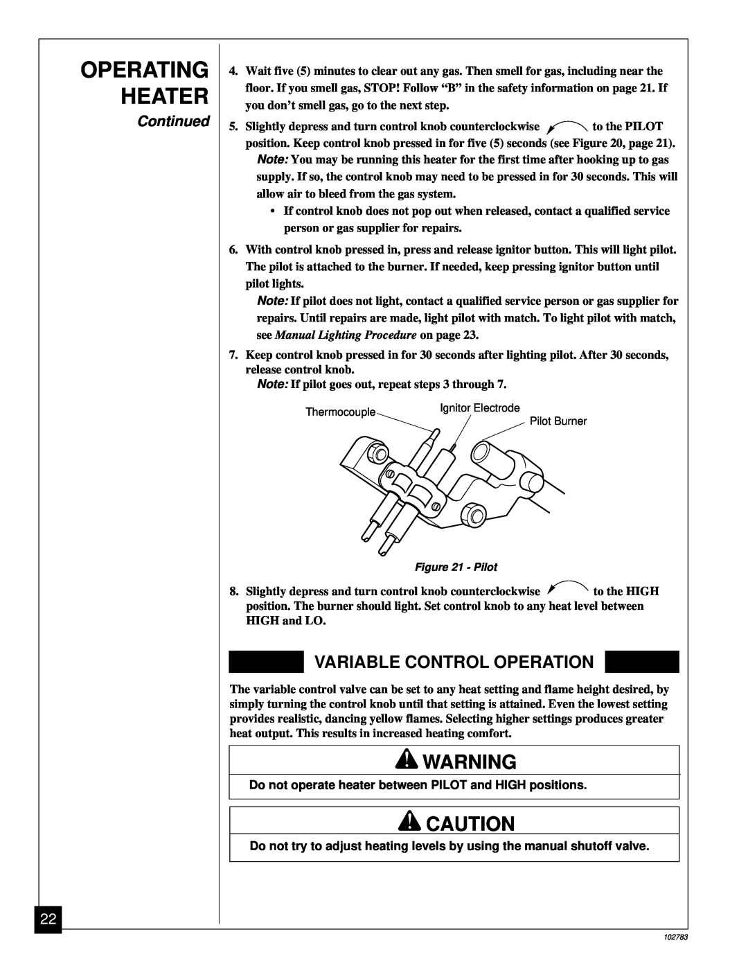Desa 102783-01B installation manual Operating Heater, Variable Control Operation, Continued 