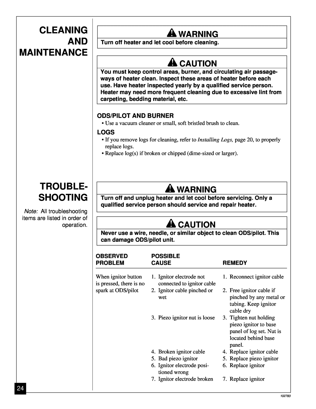 Desa 102783-01B installation manual Cleaning And Maintenance Trouble Shooting, Ods/Pilot And Burner, Logs 