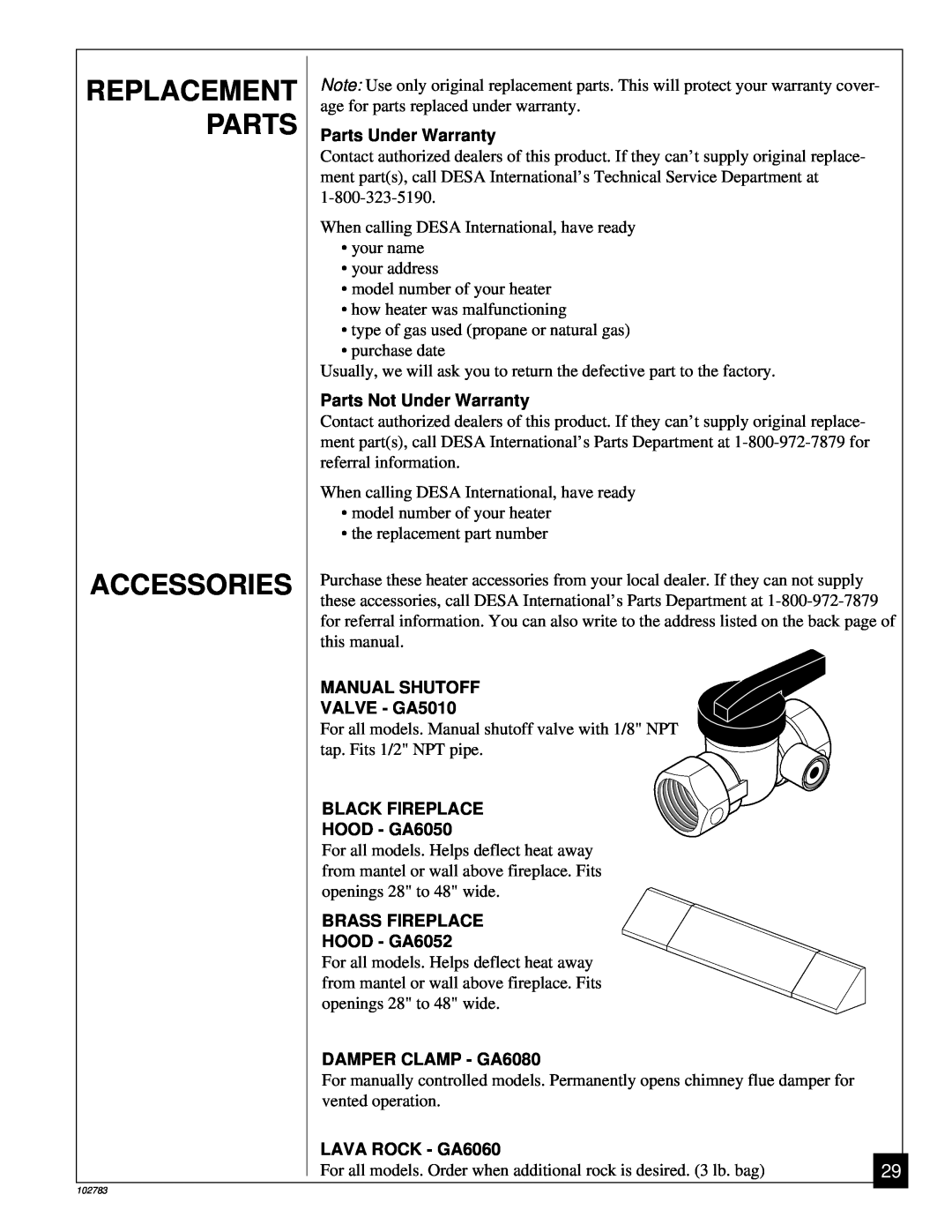 Desa 102783-01B installation manual Parts, Accessories, Replacement 