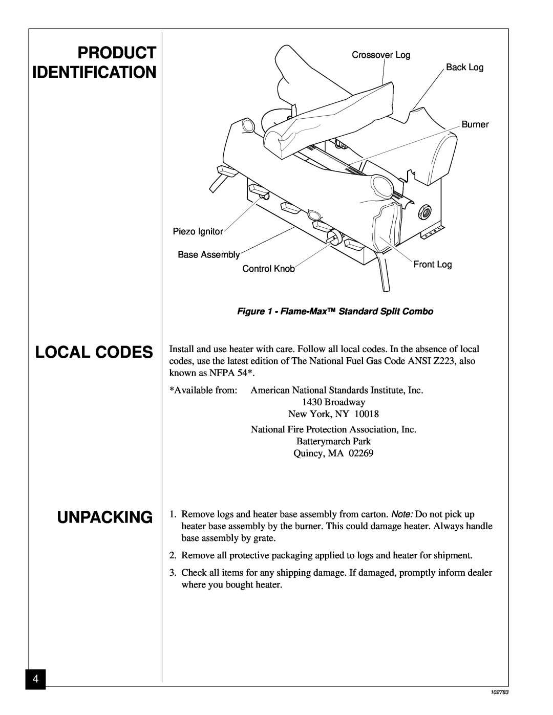 Desa 102783-01B installation manual Local Codes Unpacking, Product Identification 