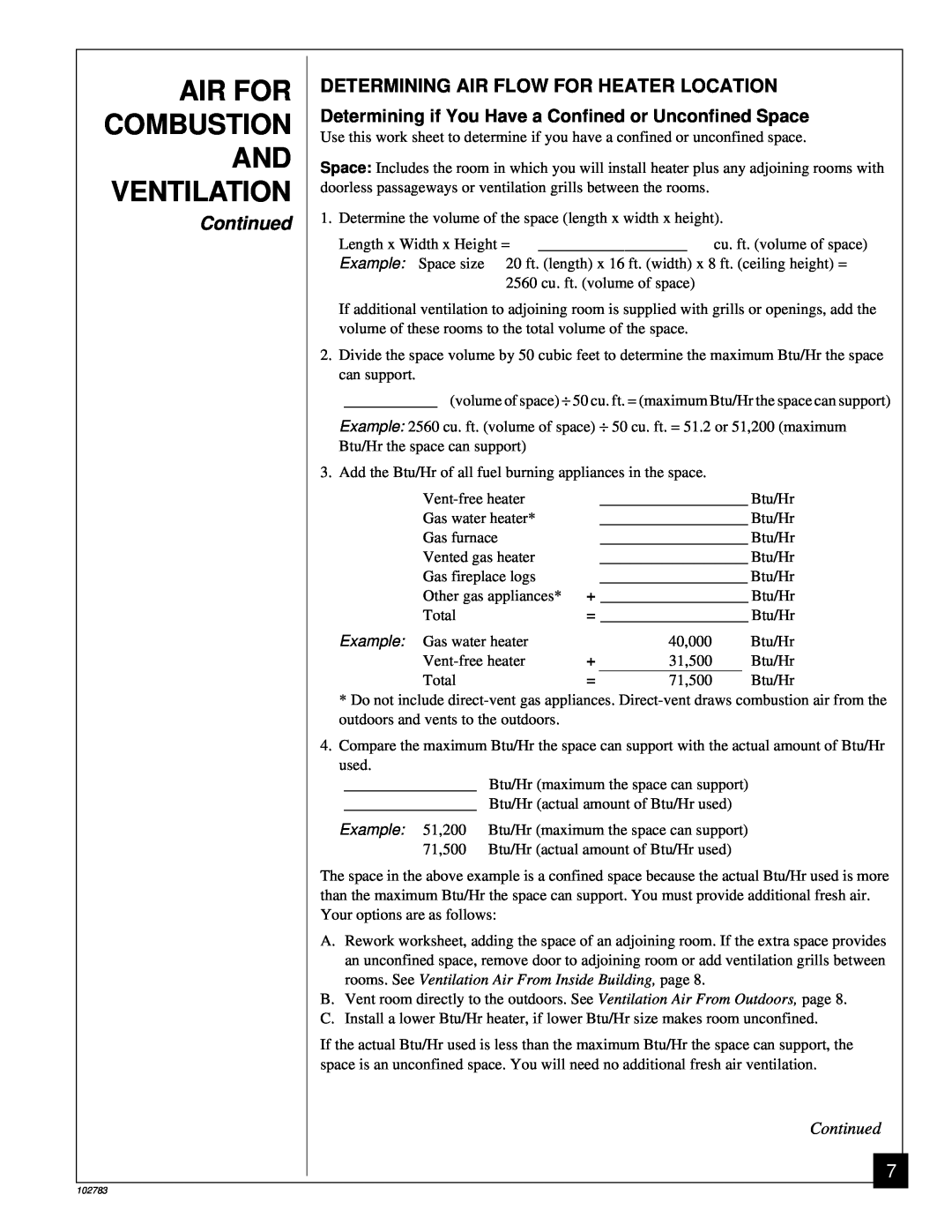 Desa 102783-01B installation manual Air For, Ventilation, Combustion, Continued, Example 51,200 