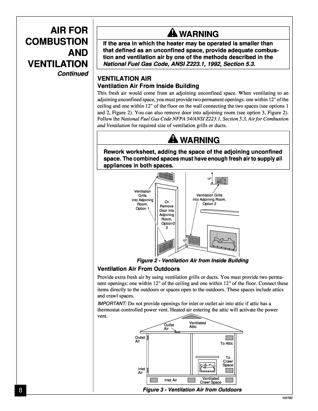 Desa 102783-01B installation manual Air For Combustion And Ventilation, Continued, Ventilation Air From Inside Building 