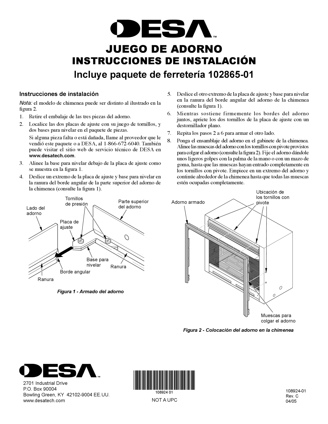 Desa 102865-01 Juego DE Adorno, Instrucciones DE Instalación, Incluye paquete de ferretería, Instrucciones de instalación 