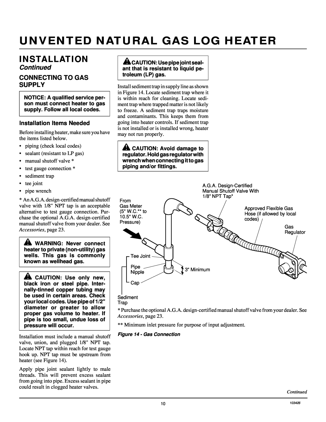 Desa 103426-01 installation manual Connecting To Gas Supply, Unvented Natural Gas Log Heater, Installation, Continued 