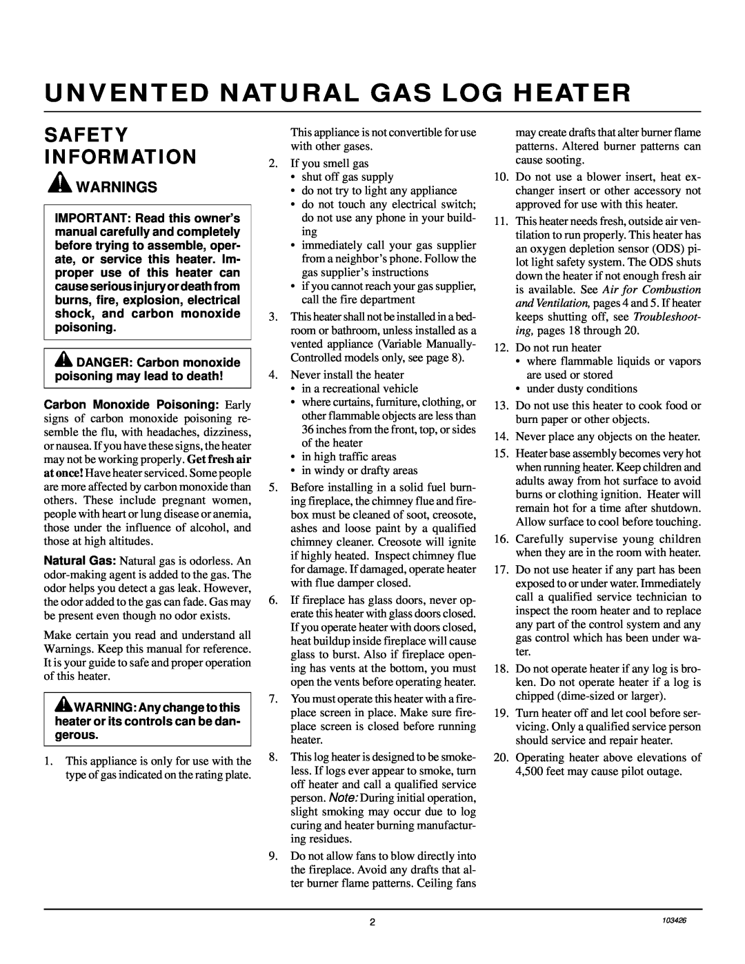 Desa 103426-01 installation manual Unvented Natural Gas Log Heater, Safety Information, Warnings 