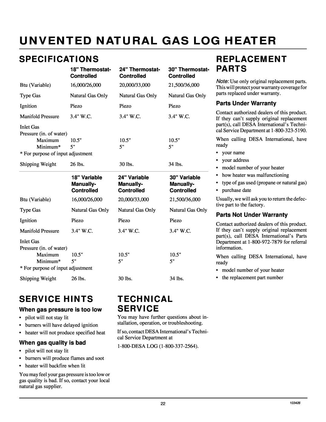 Desa 103426-01 Specifications, Replacement Parts, Service Hints, Technical Service, Parts Under Warranty 