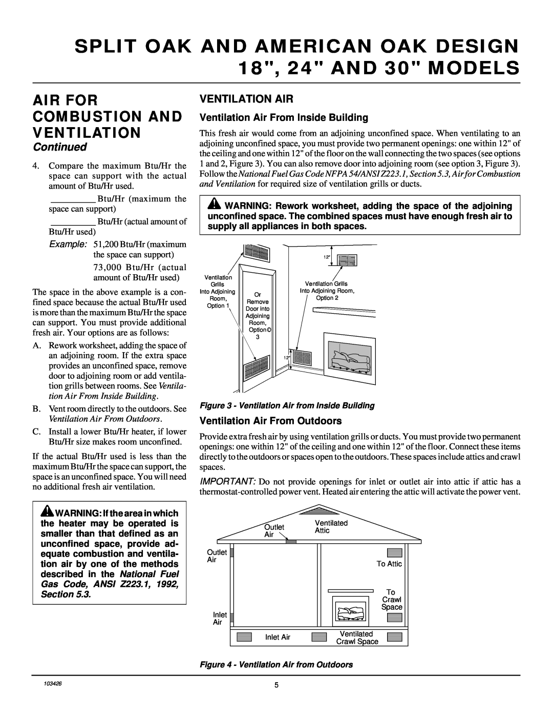 Desa 103426-01 installation manual Continued, Ventilation Air From Inside Building, Ventilation Air From Outdoors 