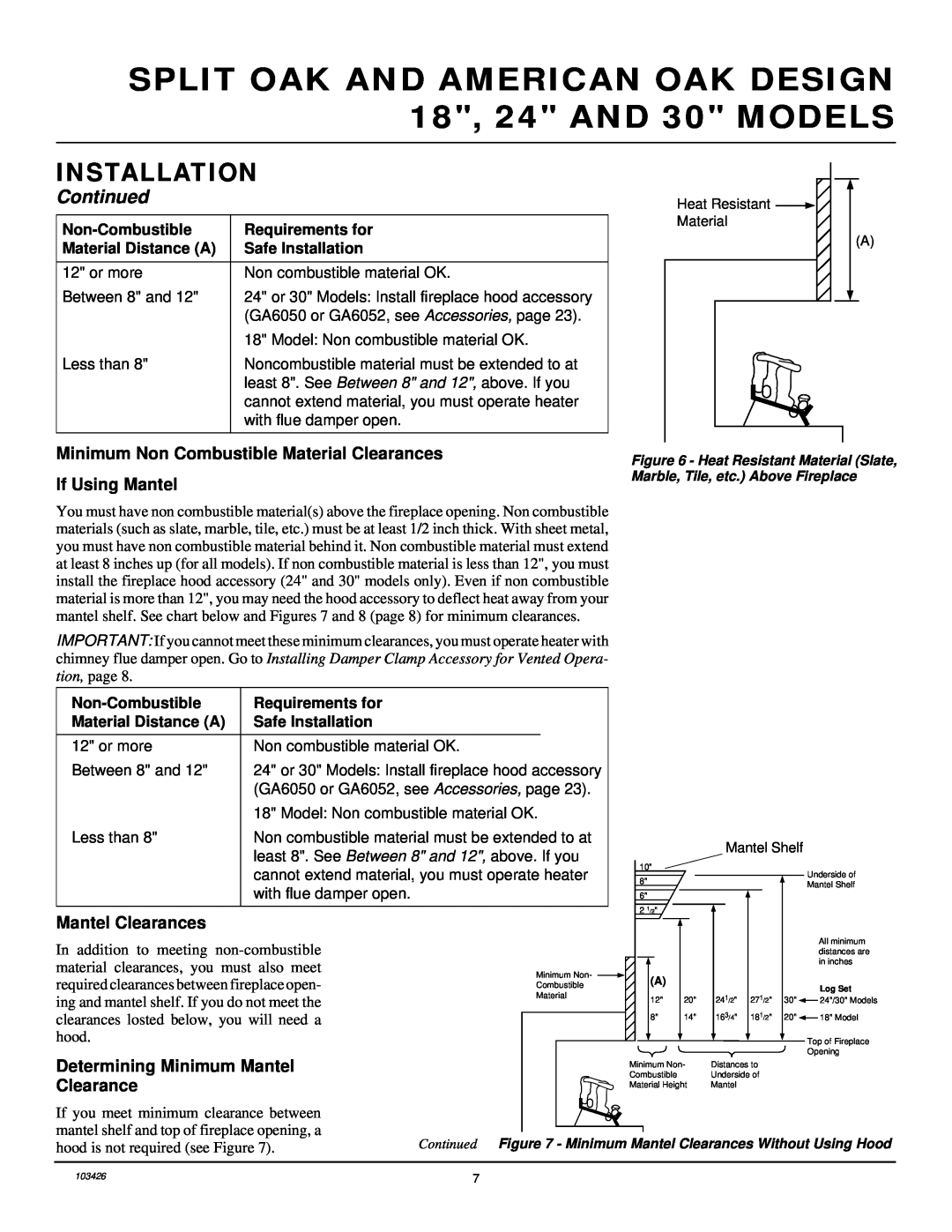 Desa 103426-01 If Using Mantel, Mantel Clearances, Determining Minimum Mantel Clearance, Installation, Continued 