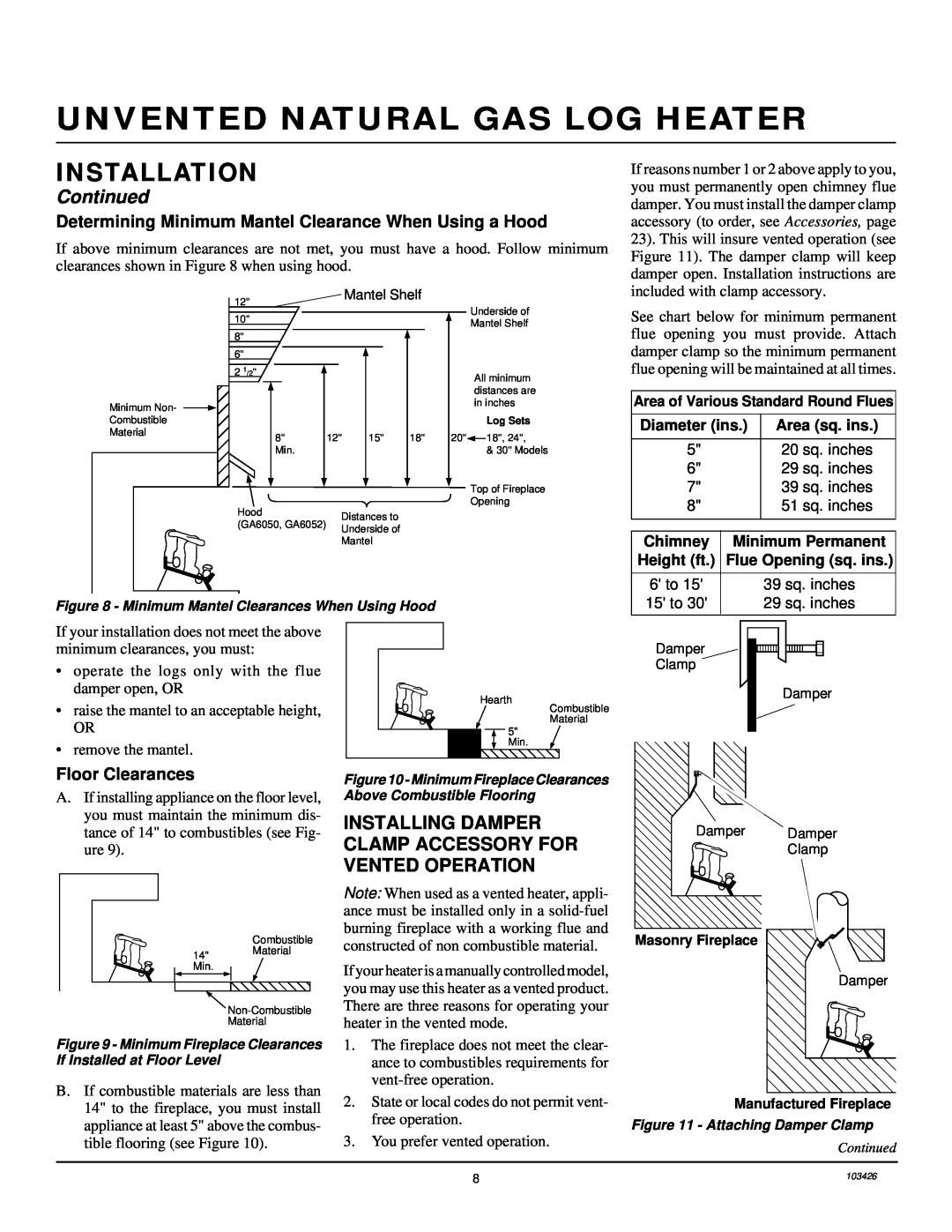 Desa 103426-01 installation manual Floor Clearances, Unvented Natural Gas Log Heater, Installation, Continued 
