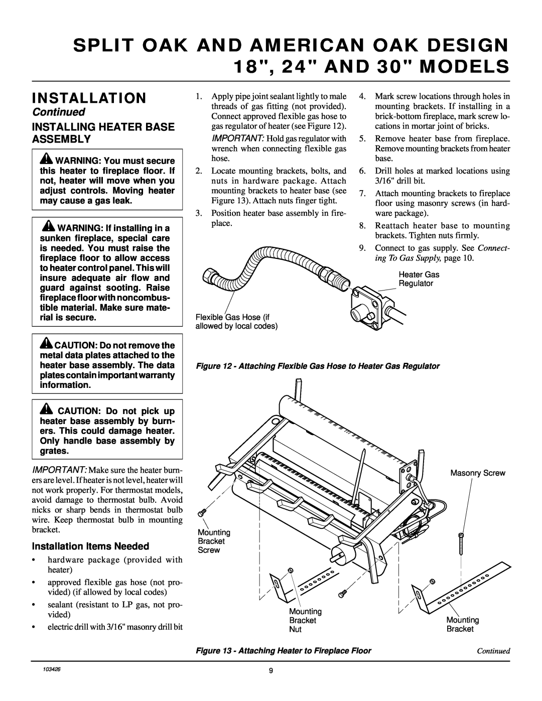 Desa 103426-01 installation manual Installing Heater Base Assembly, Installation Items Needed, Continued 