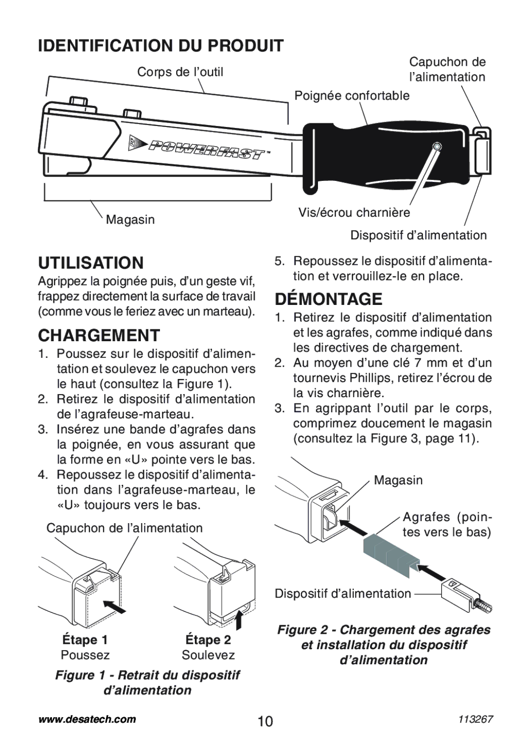 Desa 10401 operating instructions Identification DU Produit, Utilisation, Chargement, Démontage 