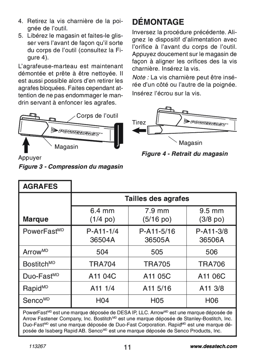 Desa 10401 operating instructions Agrafes, Tailles des agrafes Marque 