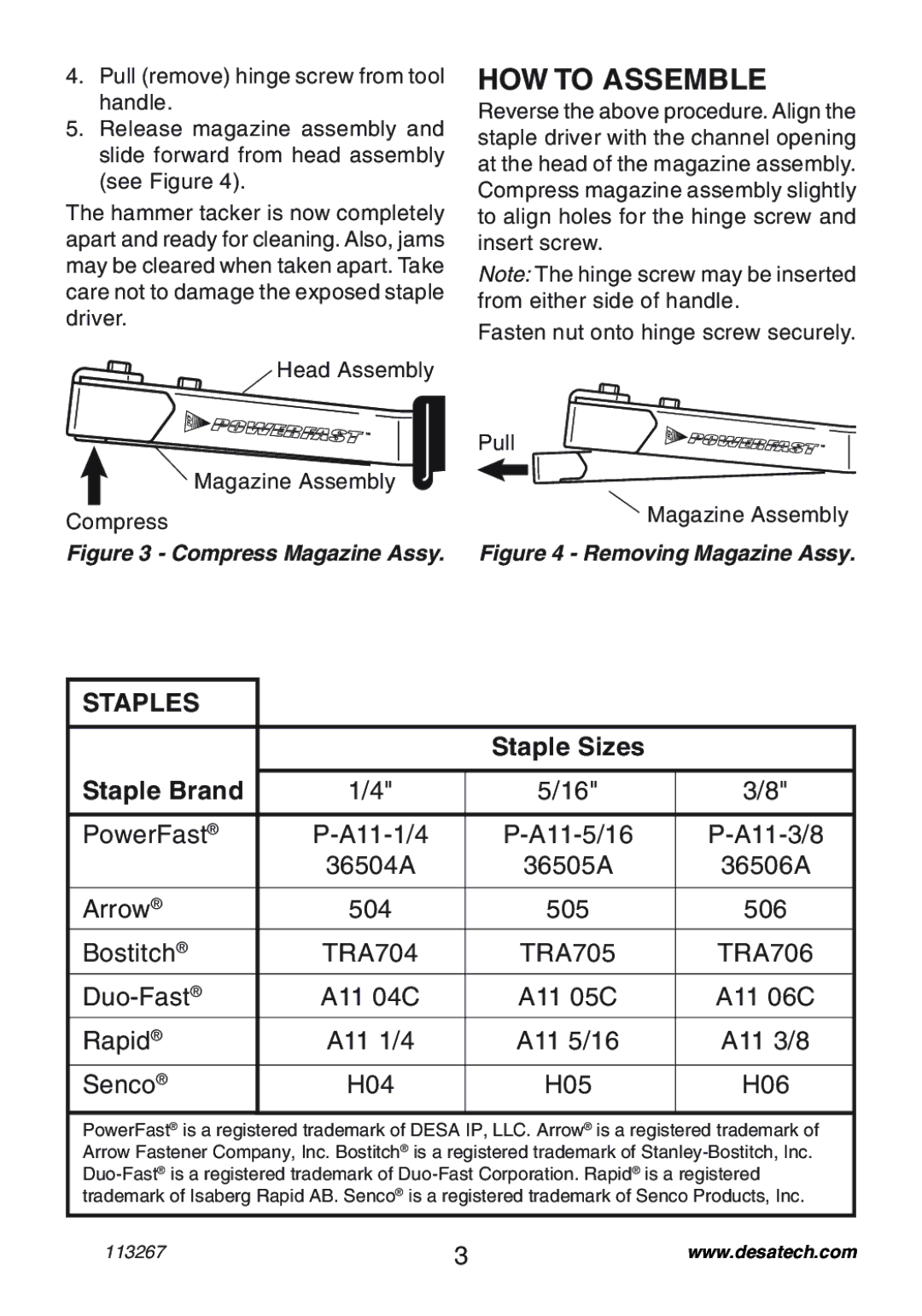 Desa 10401 operating instructions HOW to Assemble, Staples, Staple Sizes Staple Brand 