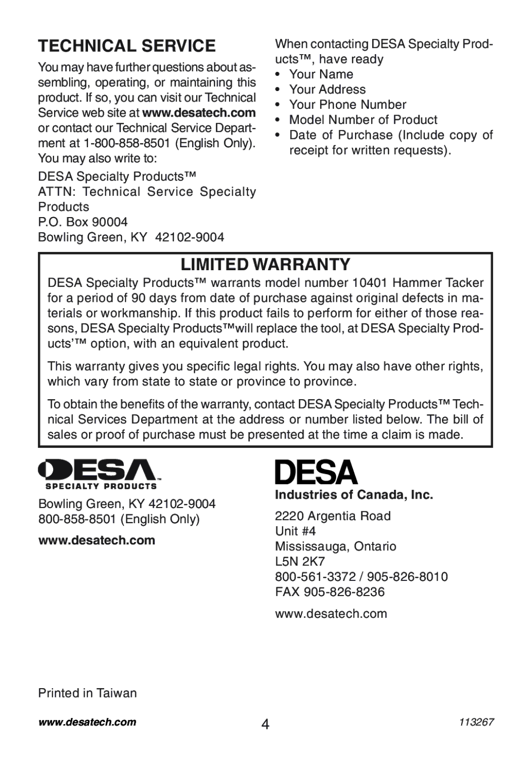 Desa 10401 operating instructions Technical Service, Limited Warranty 