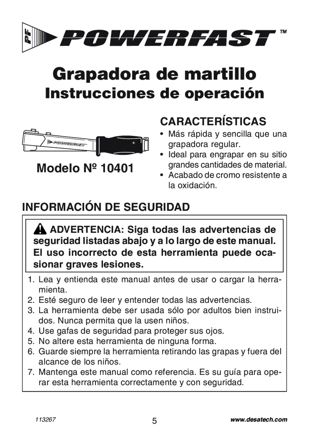 Desa 10401 Grapadora de martillo, Instrucciones de operación, Modelo Nº, Características, Información DE Seguridad 