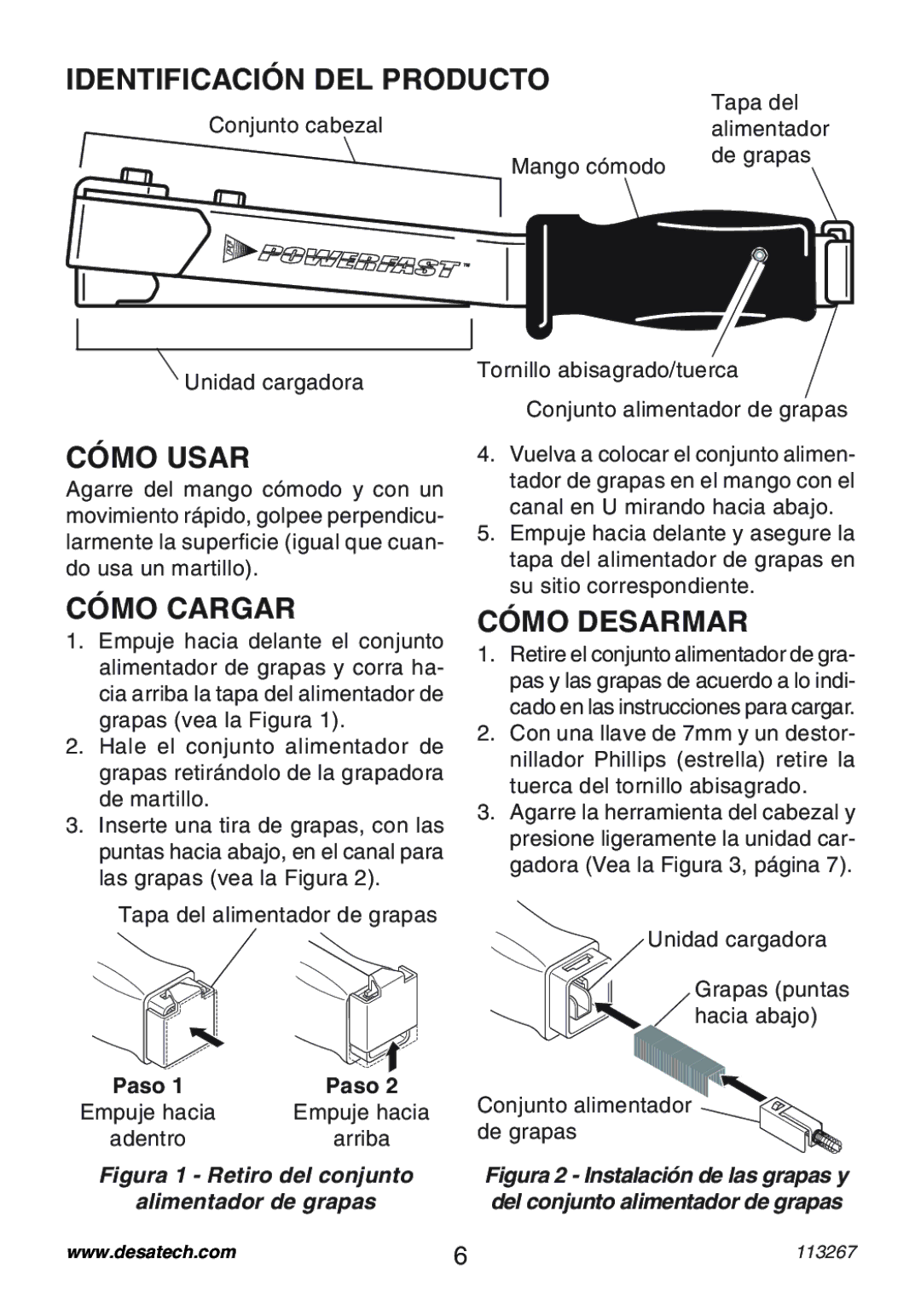 Desa 10401 operating instructions Identificación DEL Producto, Cómo Usar, Cómo Cargar, Cómo Desarmar 