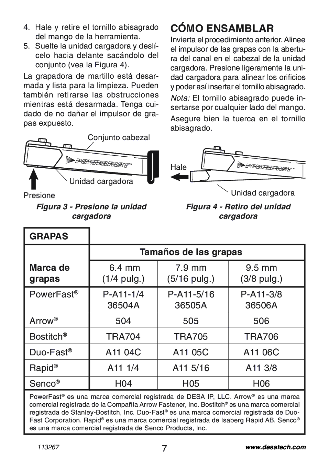 Desa 10401 operating instructions Cómo Ensamblar, Tamaños de las grapas, Marca de Grapas 