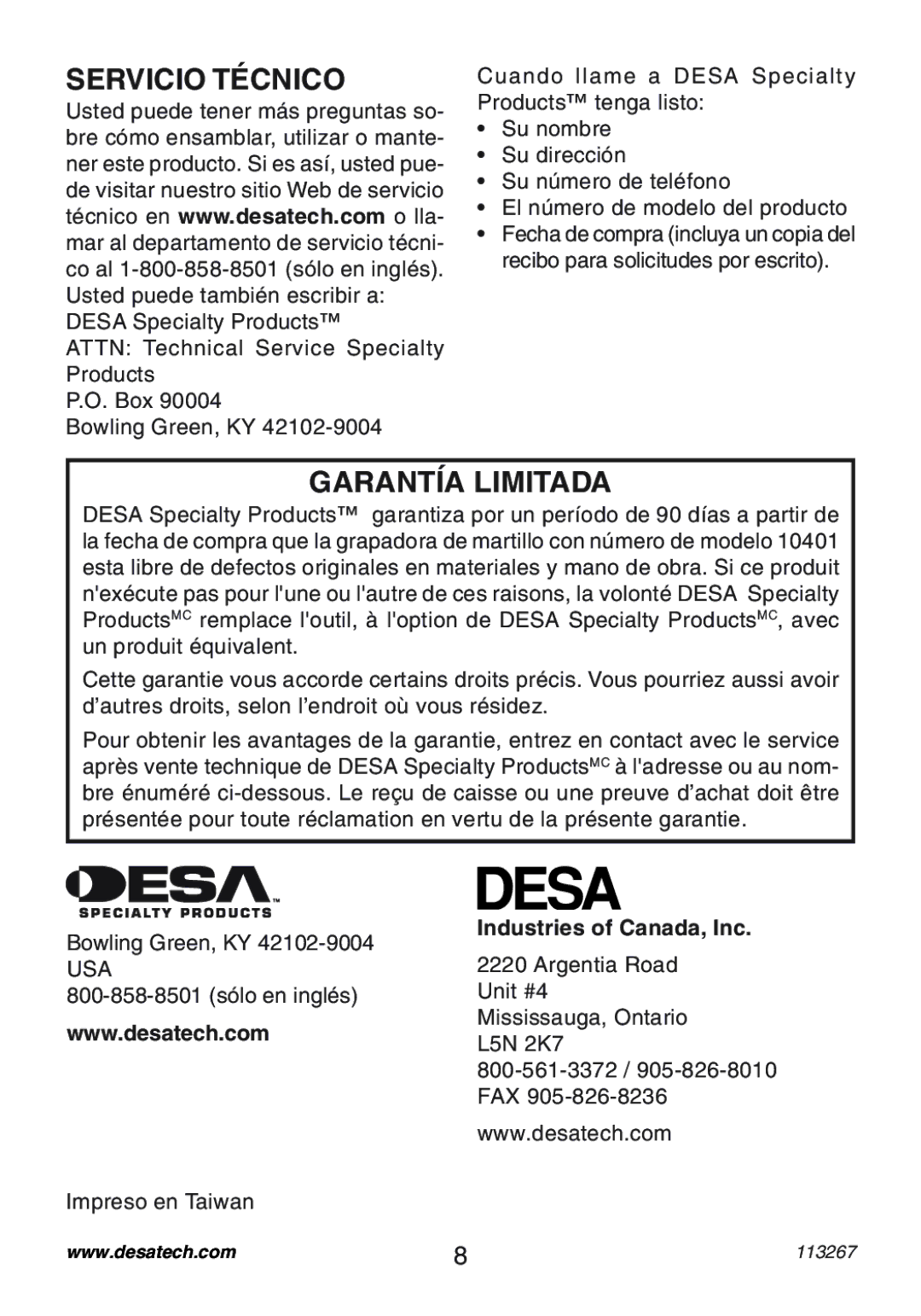 Desa 10401 operating instructions Servicio Técnico, Garantía Limitada 