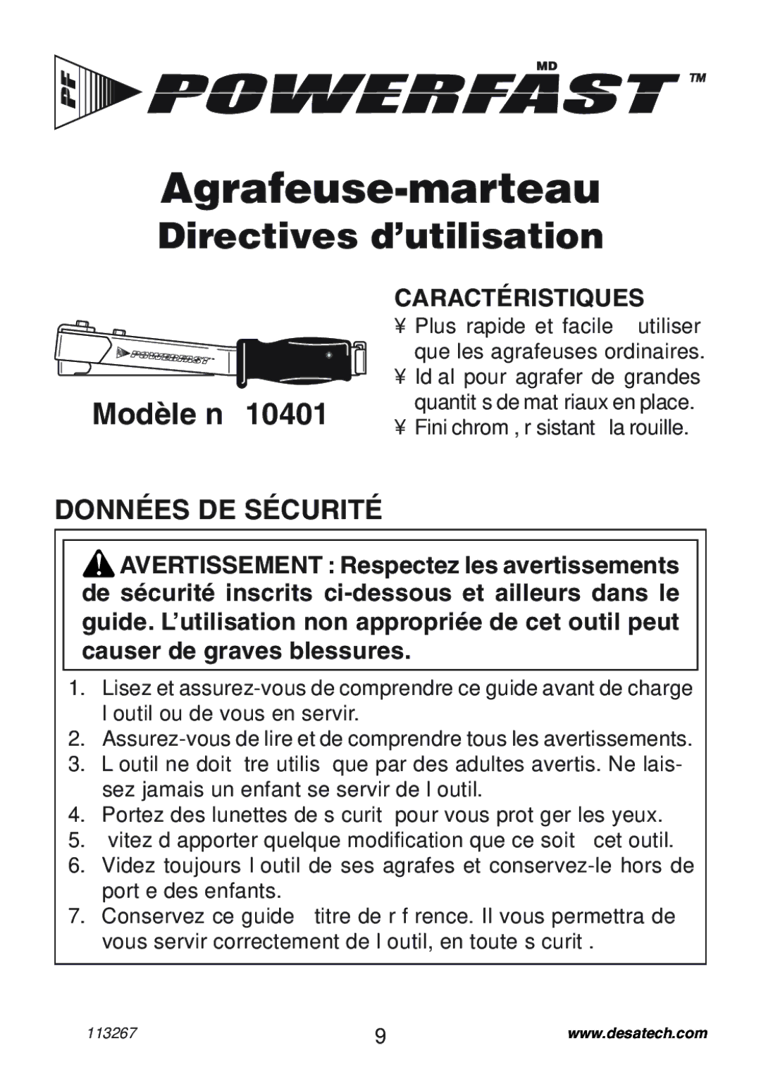 Desa 10401 Agrafeuse-marteau, Directives d’utilisation, Modèle n, Données DE Sécurité, Caractéristiques 