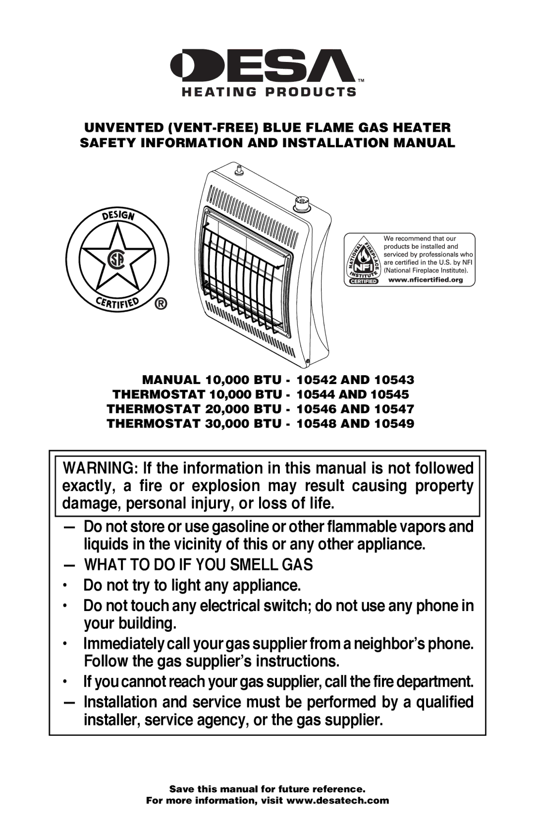 Desa 10542 installation manual What to do if YOU Smell GAS 