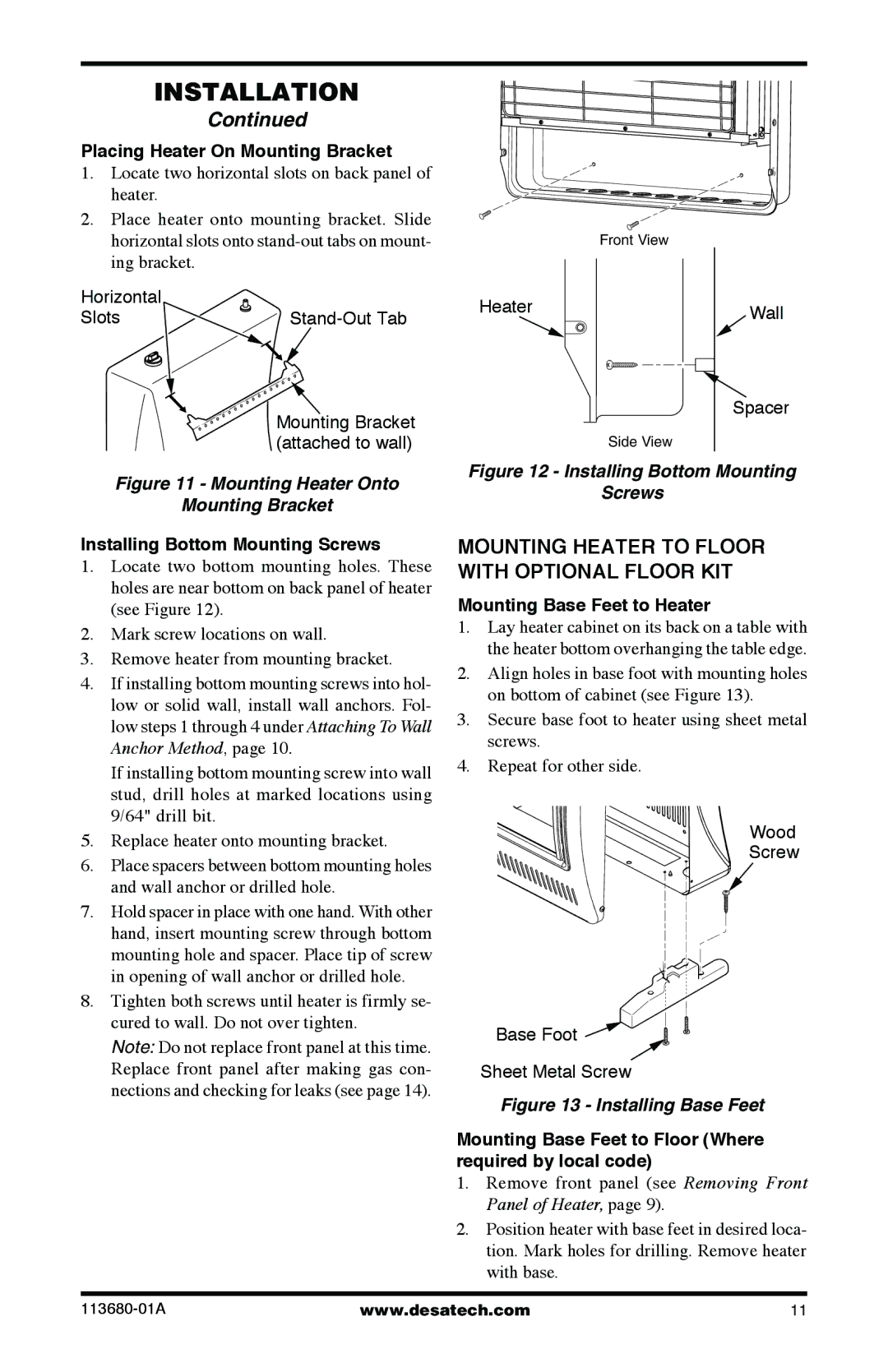 Desa 10542 installation manual Mounting Heater to Floor with Optional Floor KIT, Placing Heater On Mounting Bracket 