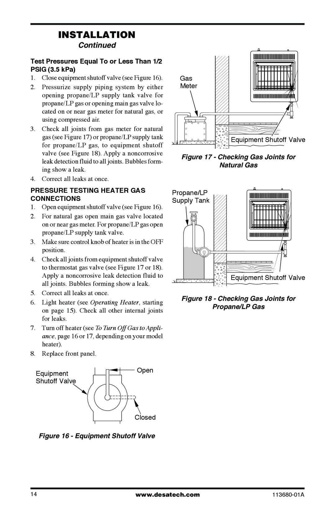 Desa 10542 Test Pressures Equal To or Less Than 1/2 Psig 3.5 kPa, Pressure Testing Heater GAS Connections 