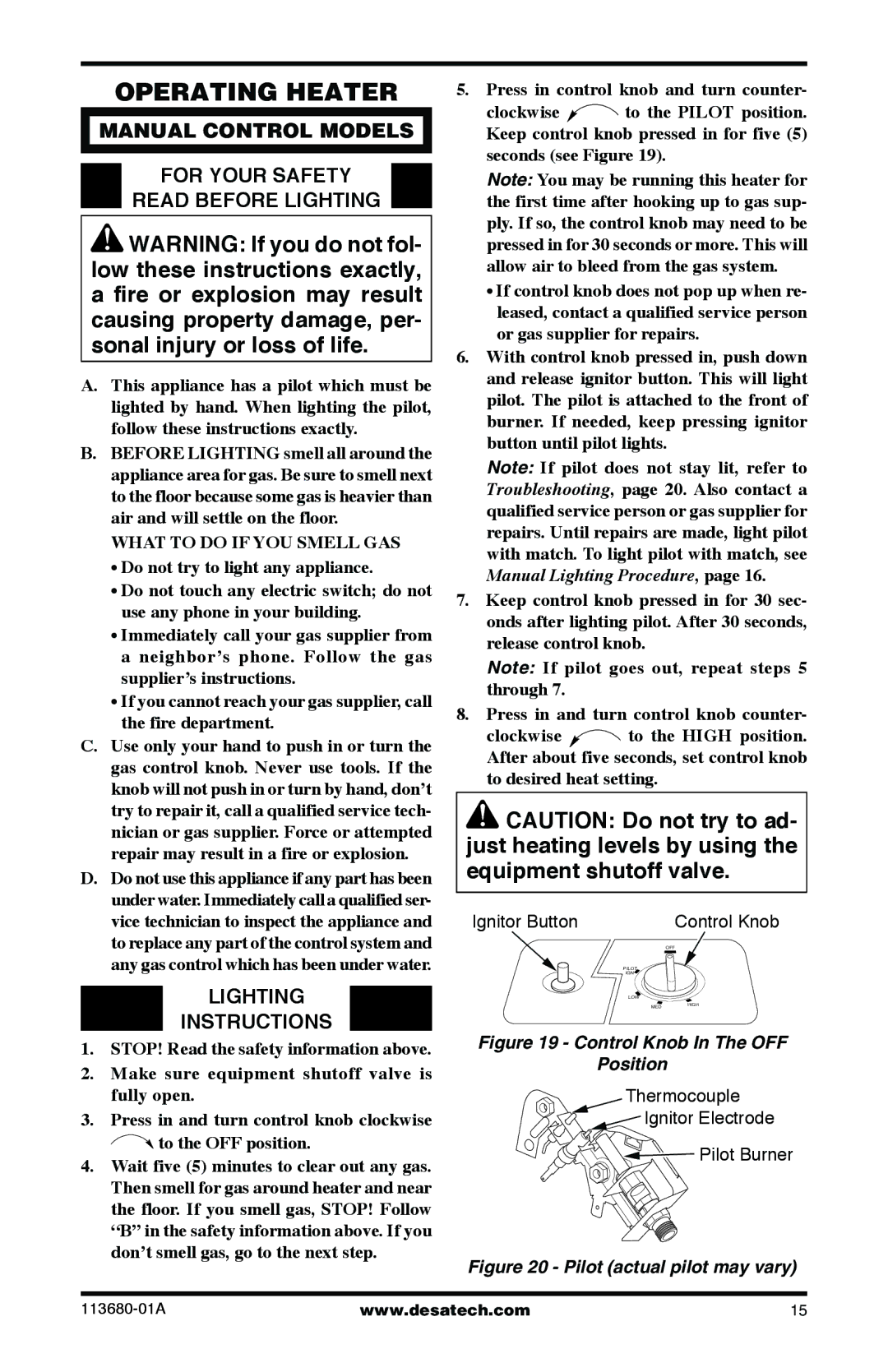 Desa 10542 Operating Heater, Manual Control Models For Your Safety Read Before Lighting, Lighting Instructions 