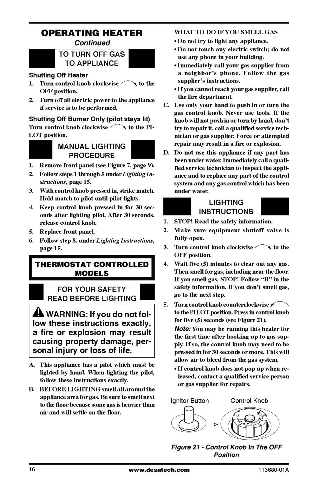 Desa 10542 installation manual To Turn OFF GAS To Appliance, Manual Lighting Procedure, Shutting Off Heater 