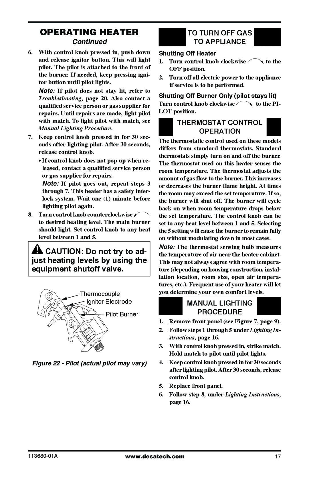 Desa 10542 installation manual Thermostat Control Operation 