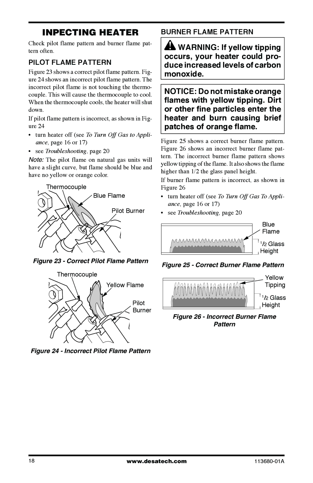 Desa 10542 installation manual Inpecting Heater, Pilot Flame Pattern, Burner Flame Pattern 