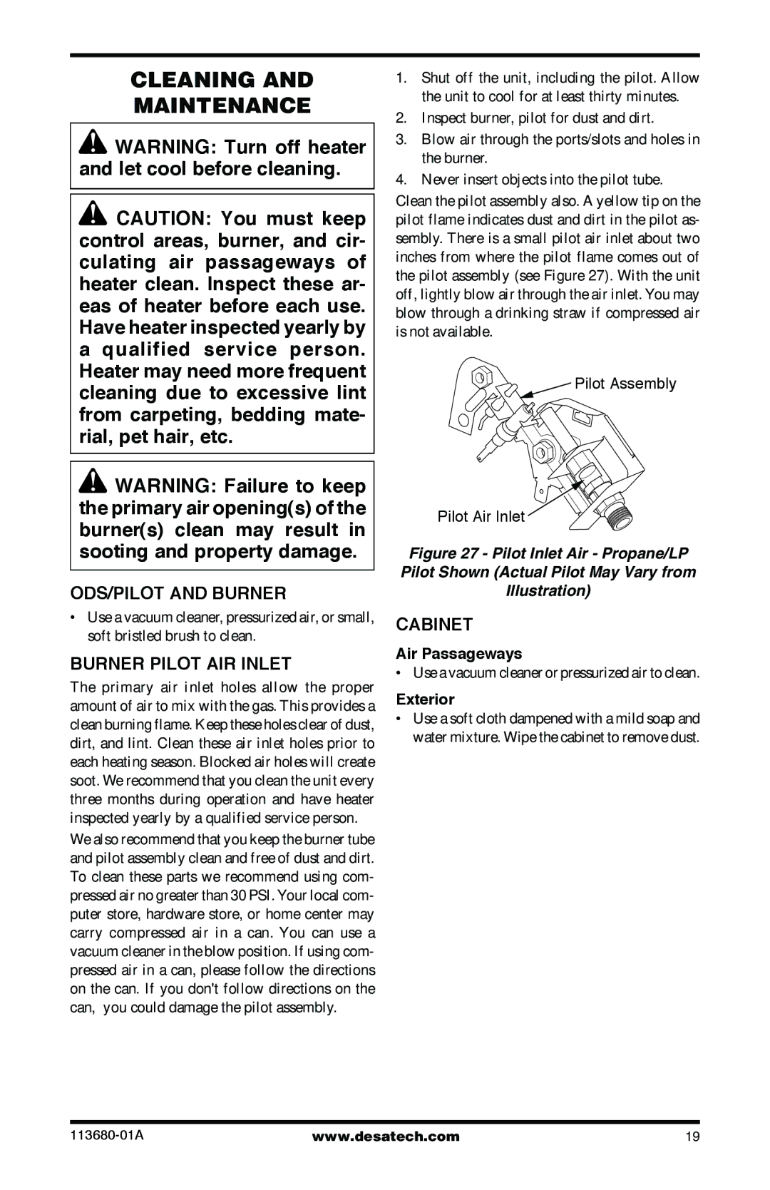 Desa 10542 installation manual Cleaning Maintenance, ODS/PILOT and Burner, Burner Pilot AIR Inlet, Cabinet 