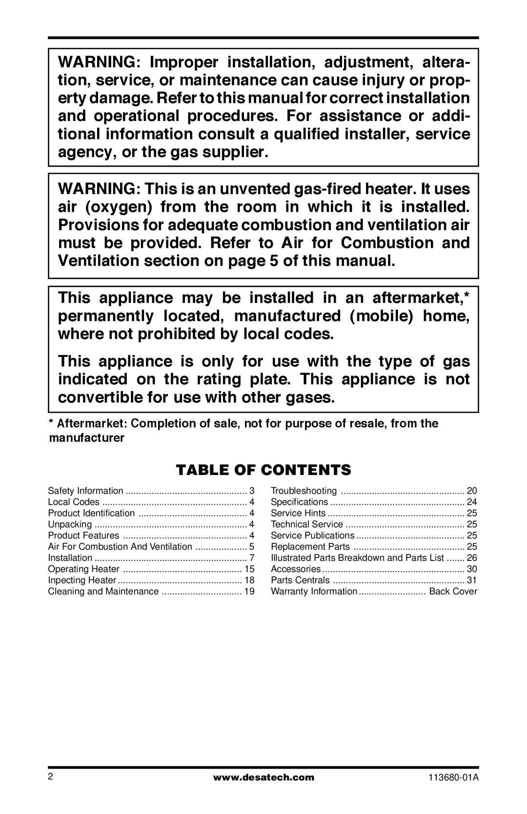 Desa 10542 installation manual Table of Contents 