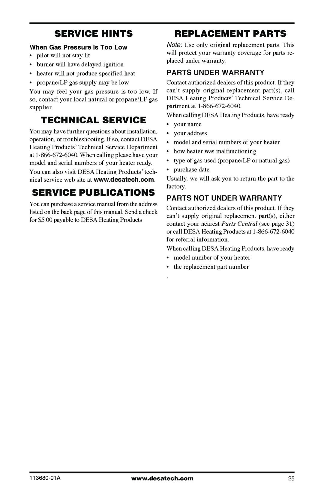 Desa 10542 Service Hints, Technical Service, Service Publications Replacement Parts, Parts Under Warranty 